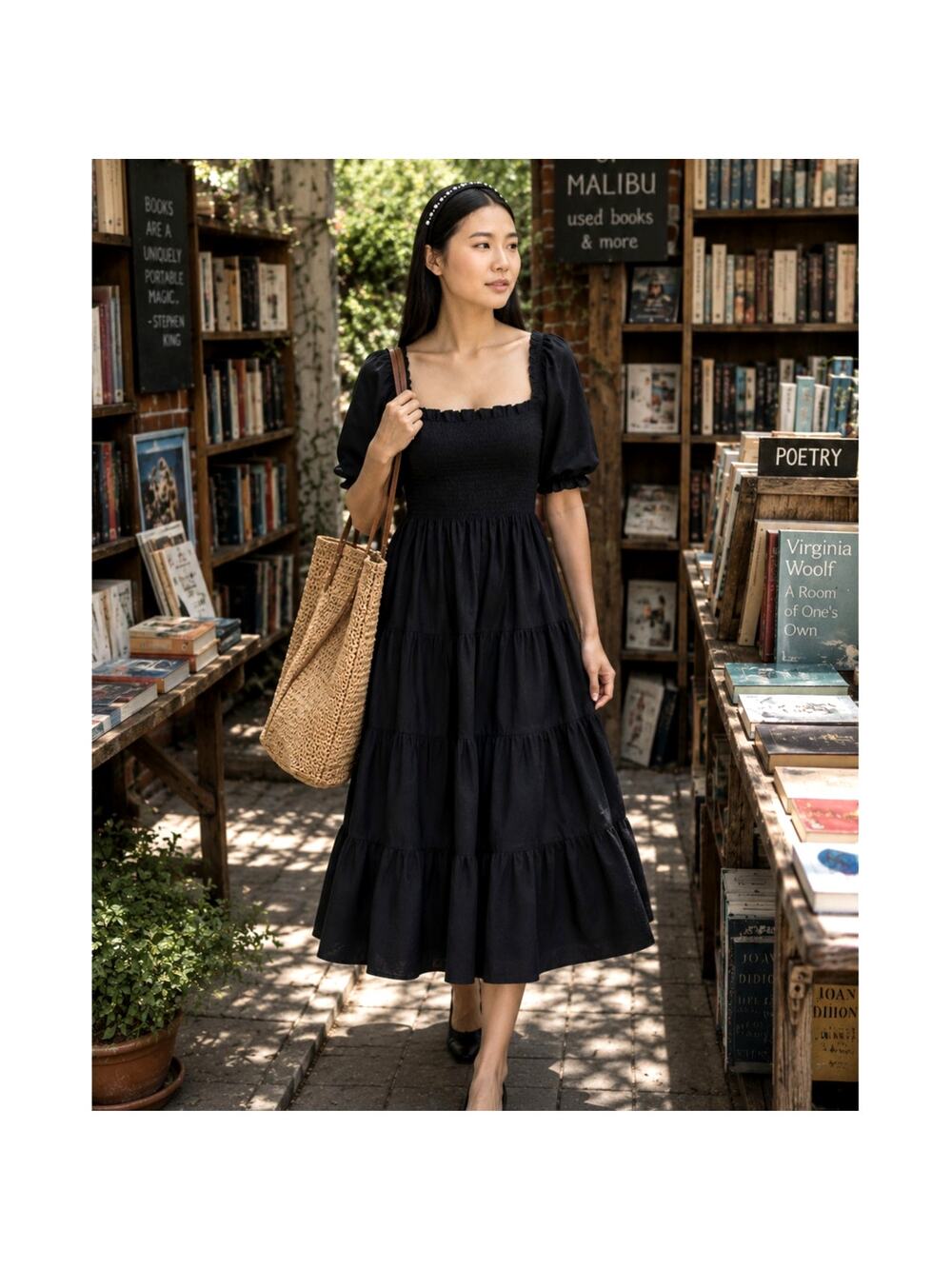 Hill House XS/S Nesli Nap Dress $178 Puff Sleeve Cottagecore Smocked Midi Black